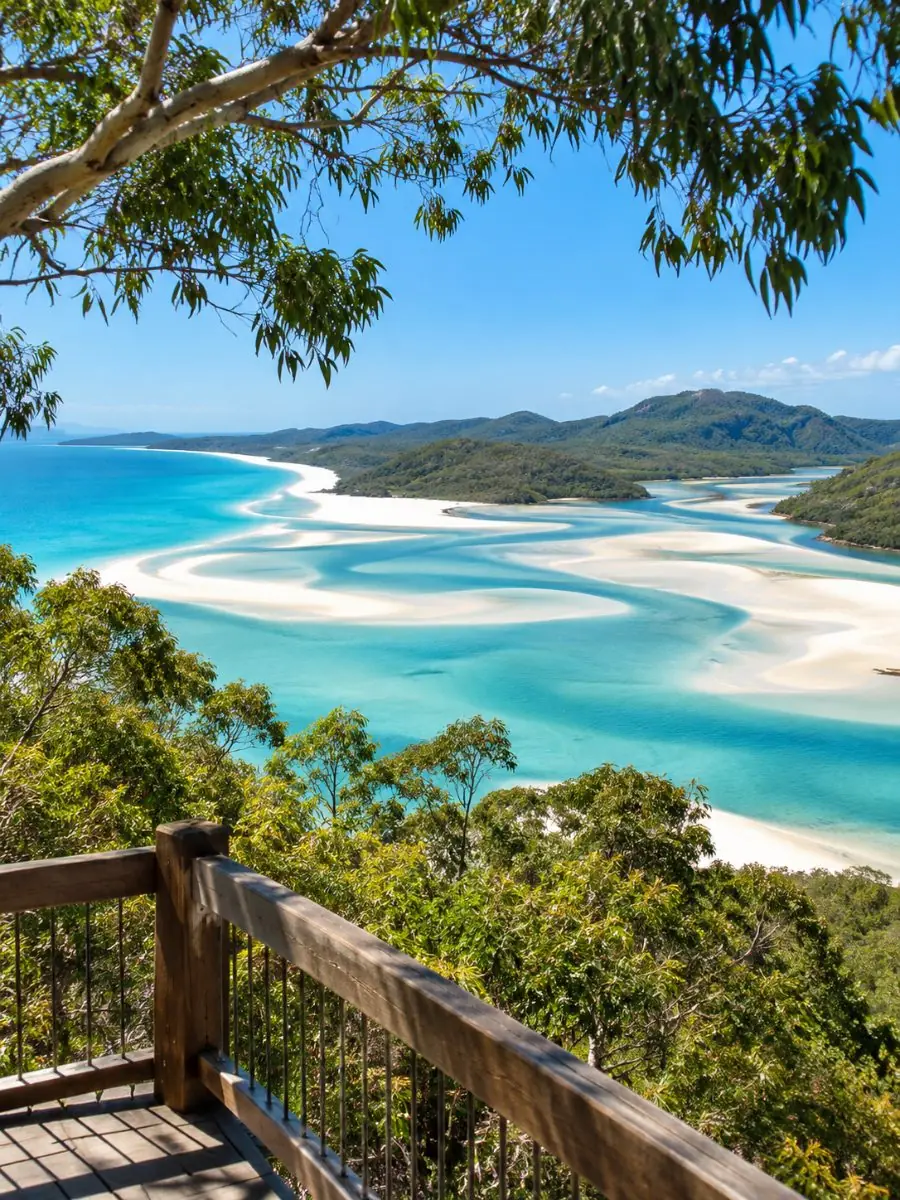 White sand swirling through turquoise channels at Hill Inlet, seen from the lookout